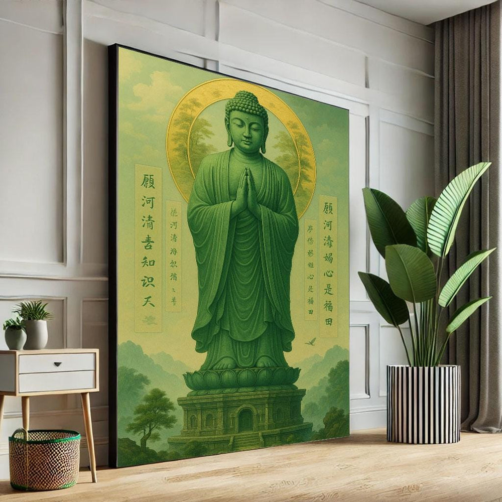 Green Buddha Statue Canvas Print, Zen Meditation Decor