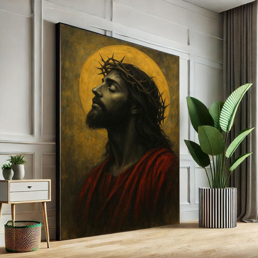 Radiant Jesus with Halo Canvas Wall Art Print  Spiritual Living Room Decor  Statement Piece