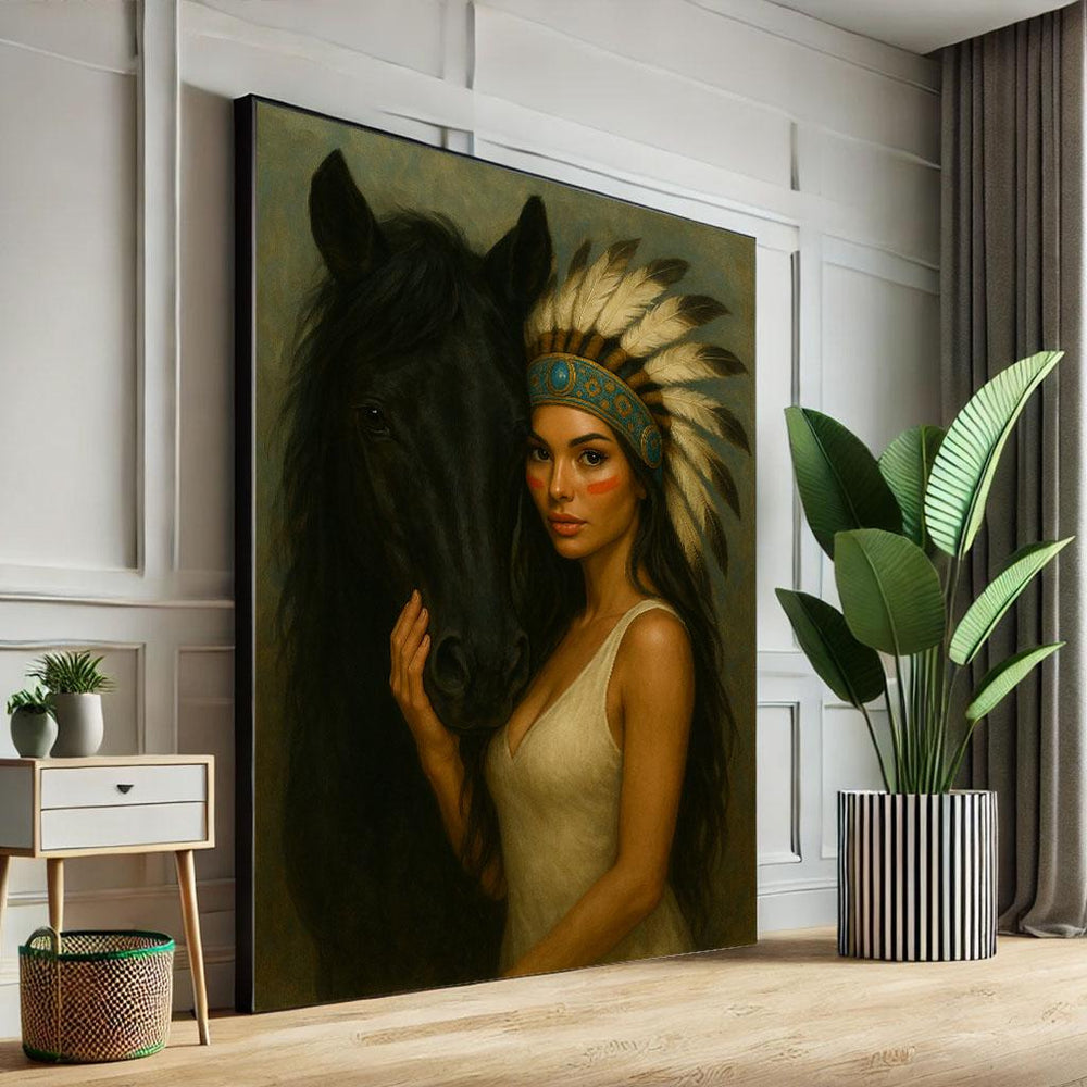 Native American Woman and Horse Canvas Print, Cultural Wall Art