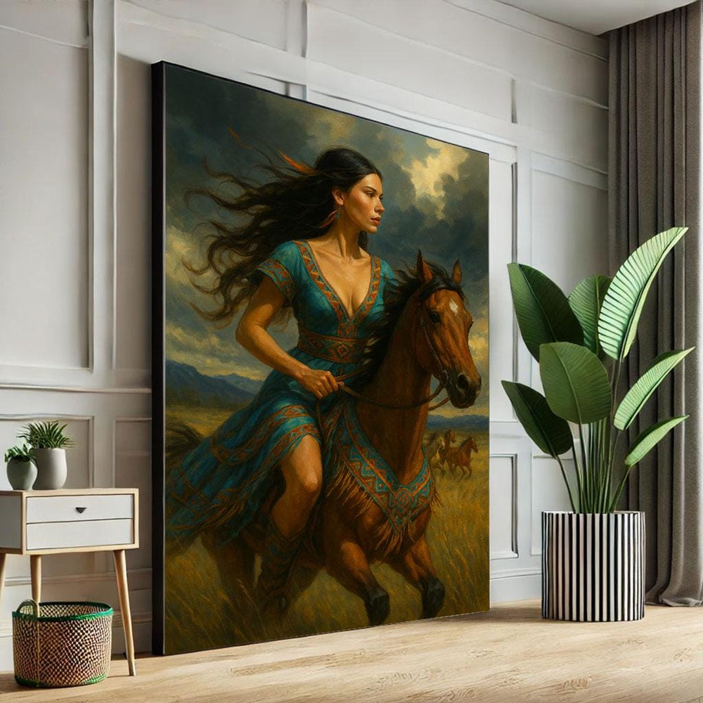 Native American Woman Riding Horse Canvas Print, Rustic Wall Art