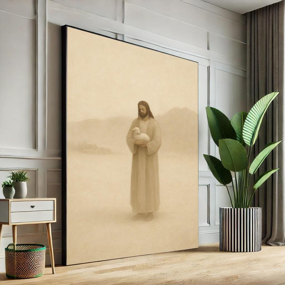 Radiant Jesus Holding Lamb Canvas Wall Art Print  Soft Living Room Decor  Statement Piece