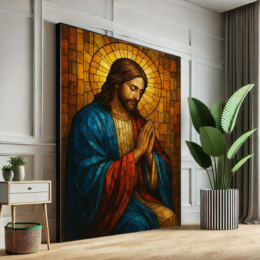 Jesus in Prayer Mosaic Canvas Print, Spiritual Wall Art