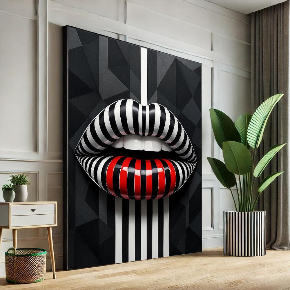 Striking Abstract Lips Canvas Wall Art Print  Black and Red Living Room Decor  Modern Statement Piece