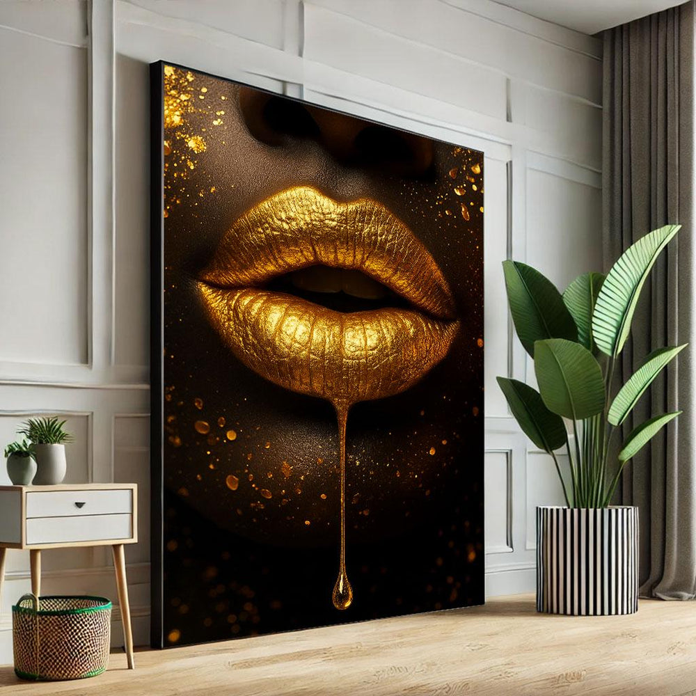 Golden Lips Beauty Canvas Wall Art Print  Luxurious Living Room Decor  Statement Piece