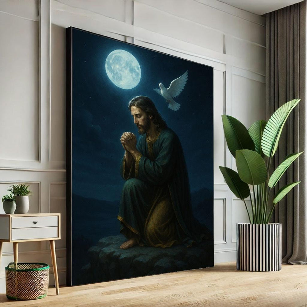 Jesus Praying Under Moonlight Canvas Art | Spiritual Decor
