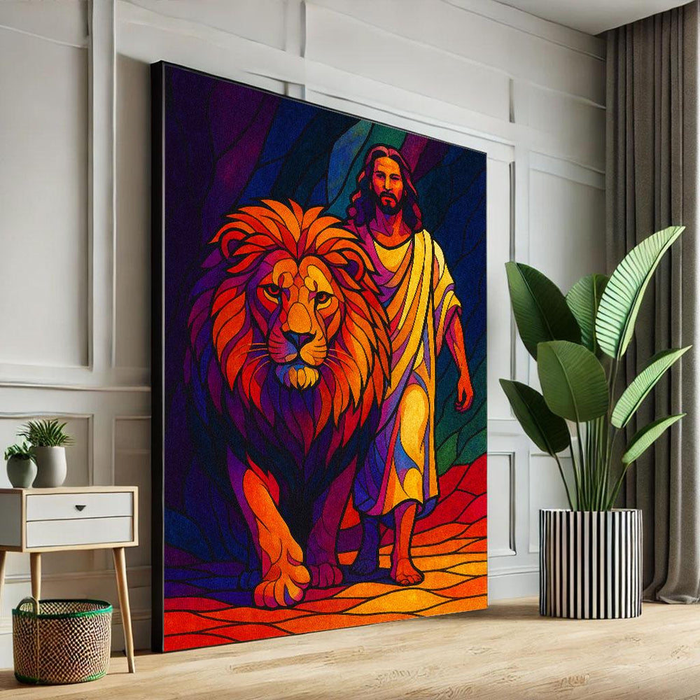 Radiant Jesus with Lion Canvas Wall Art Print  Vibrant Living Room Decor  Statement Piece