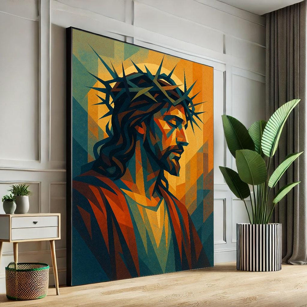 Geometric Jesus Canvas Print, Crown of Thorns, Modern Christian Wall Art