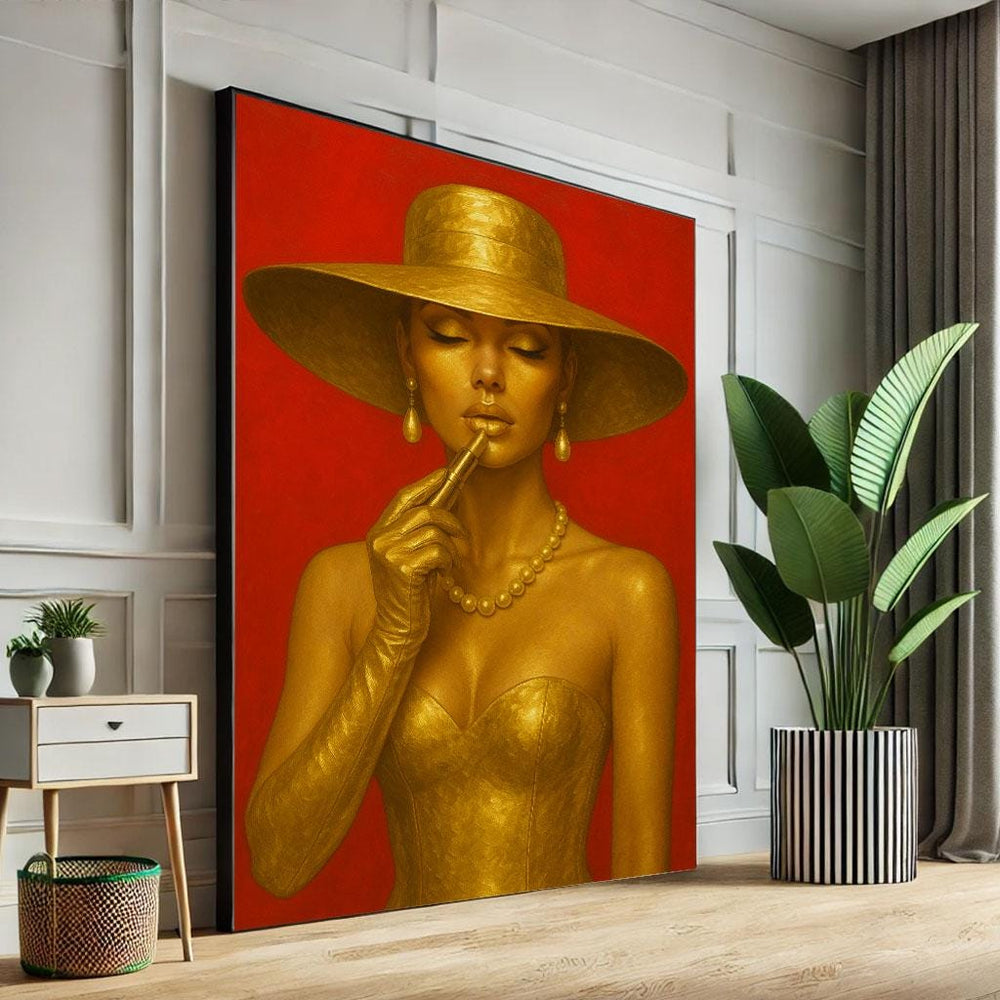 Golden Woman Smoking Cigar Canvas Print, Modern Art Deco