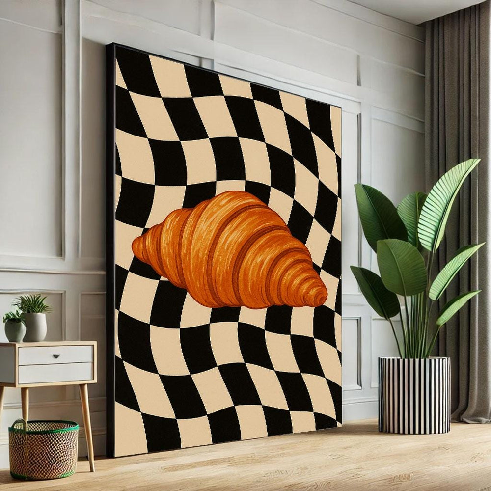Surreal Croissant on Checkered Canvas Wall Art Print  Modern Living Room Decor  Statement Piece