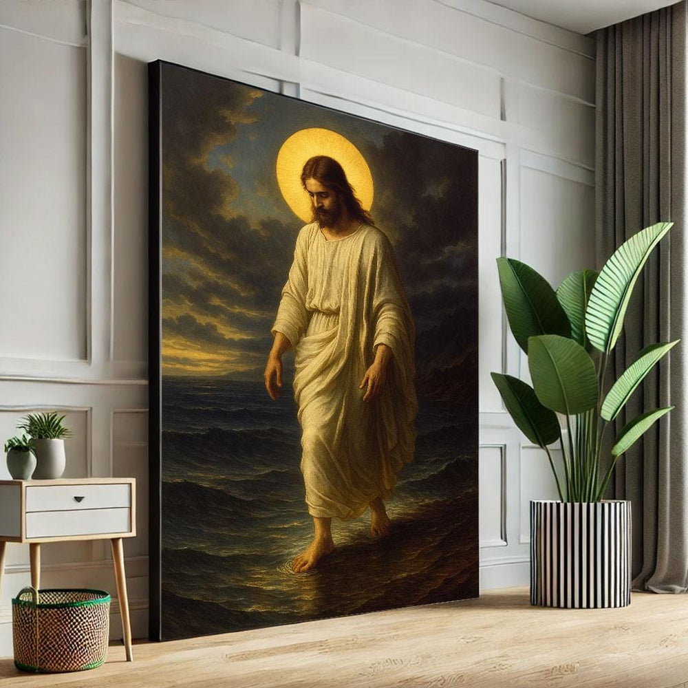 Jesus Walking on Water Canvas Print, Spiritual Living Room Art