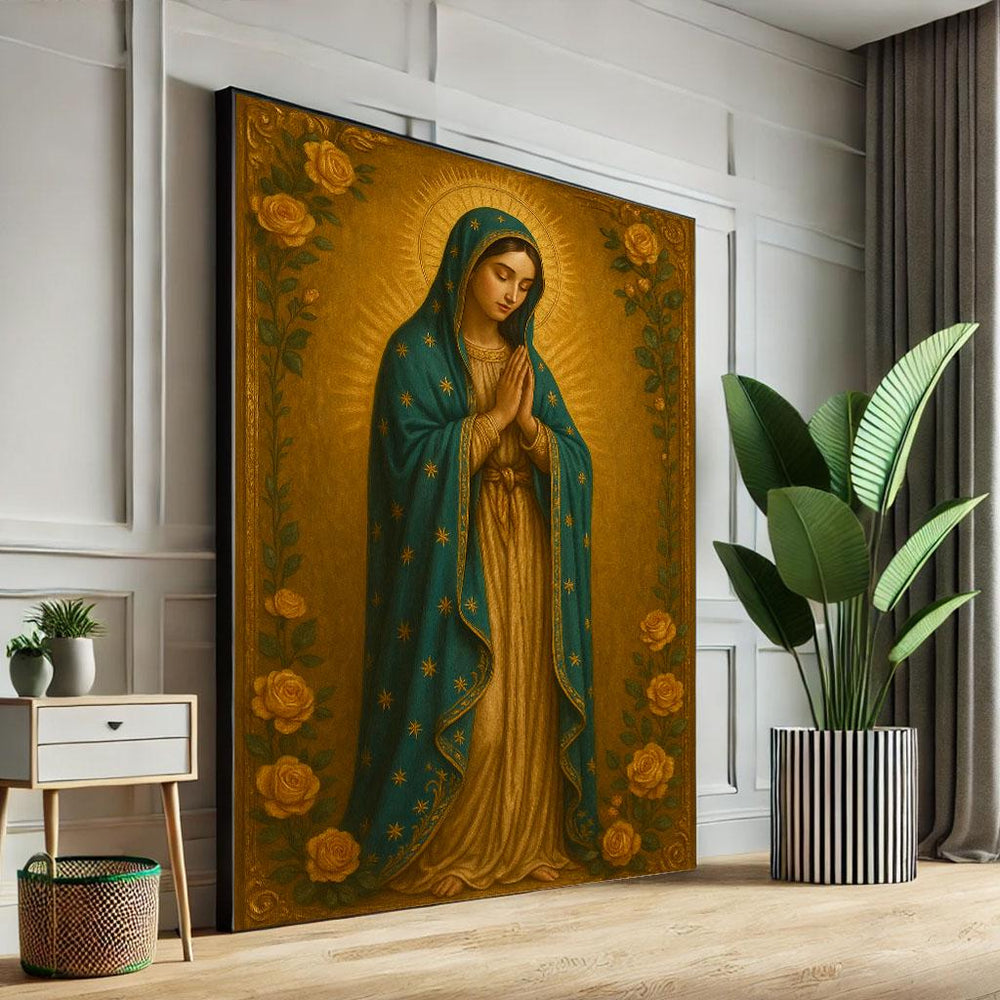 Radiant Virgin Mary Canvas Wall Art Print  Spiritual Living Room Decor  Statement Piece