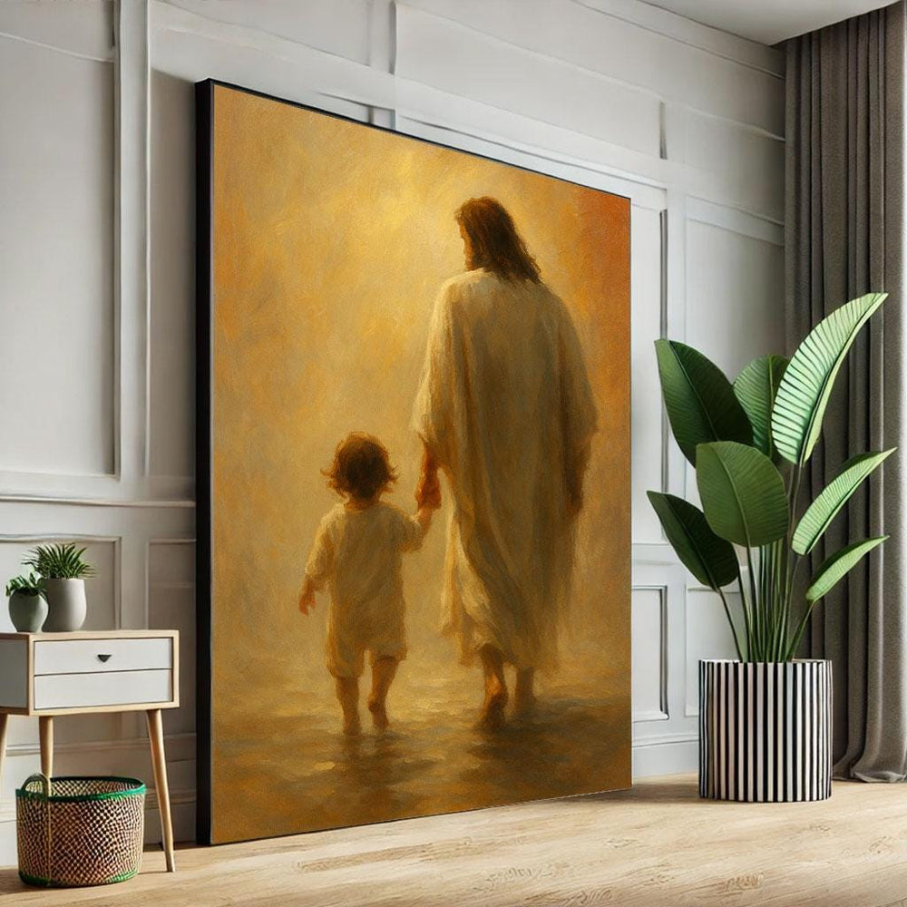 Jesus Walking with Child Canvas Art Print, Spiritual Decor