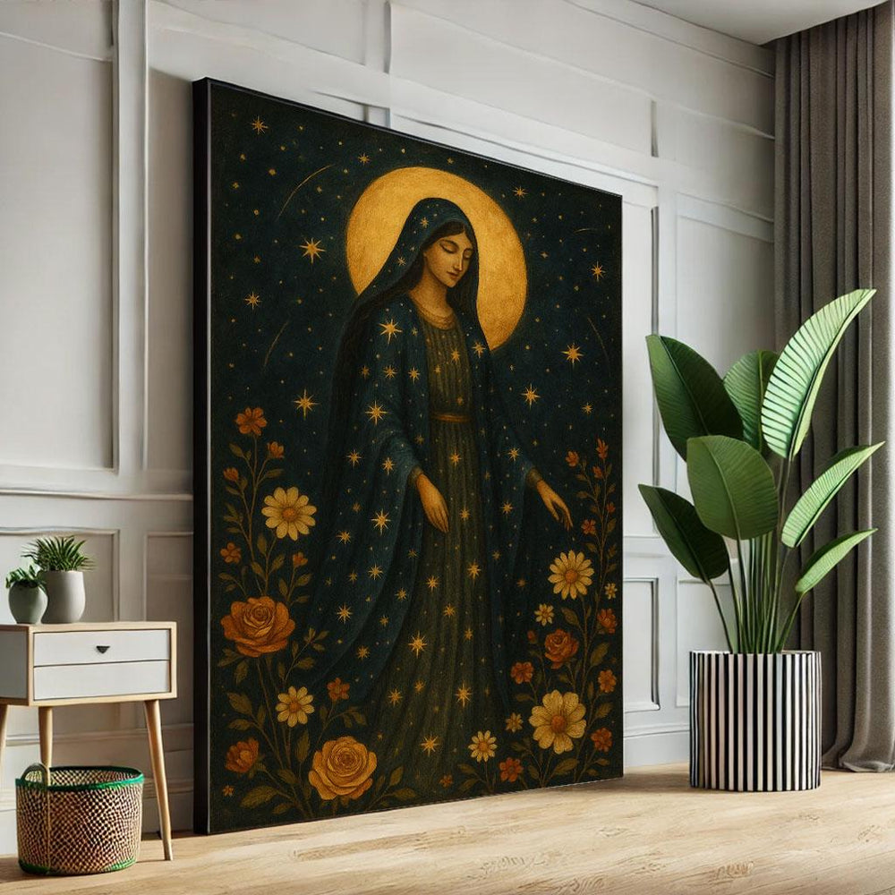Elegant Spiritual Virgin Mary Canvas Wall Art Print  Mystical Living Room Decor  Statement Piece