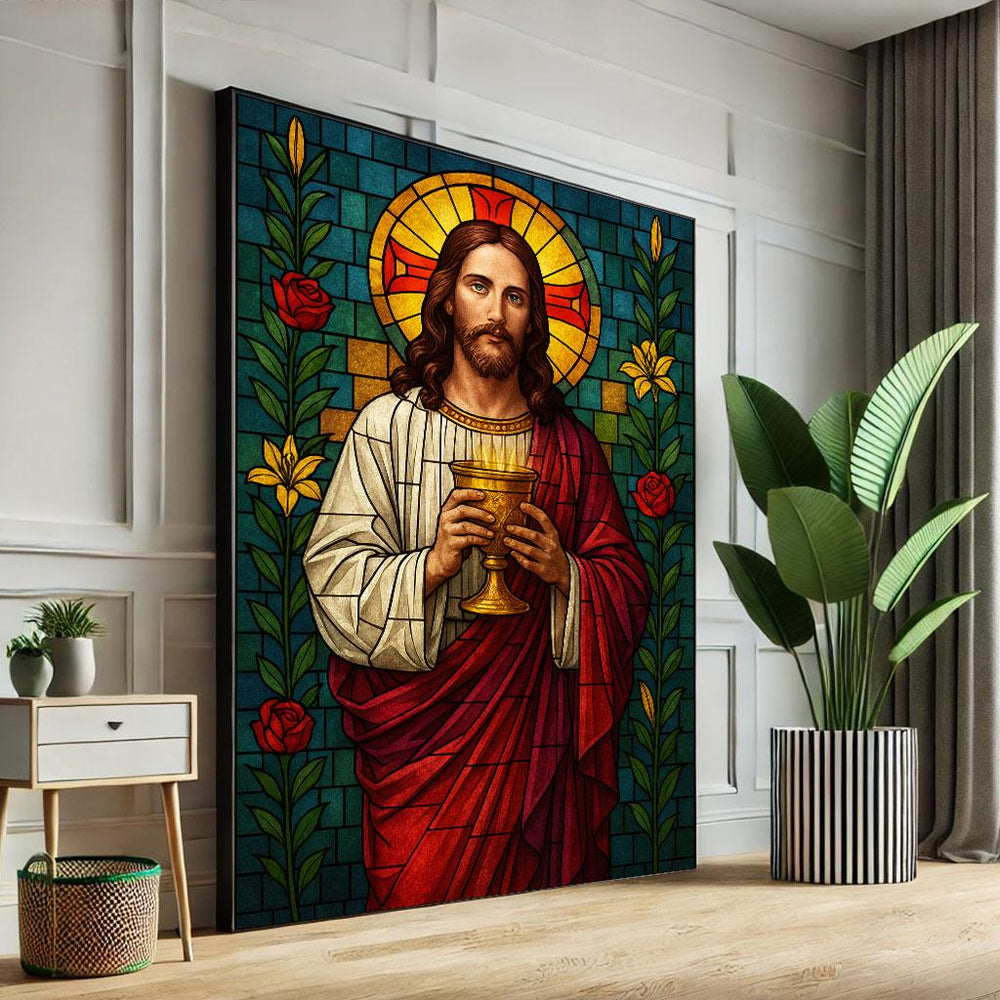 Radiant Jesus with Chalice Canvas Wall Art Print  Spiritual Living Room Decor  Statement Piece