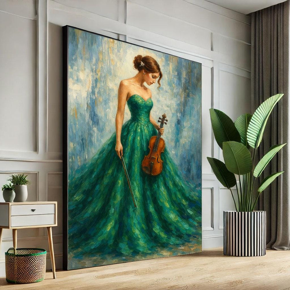 Violinist in Green Gown Canvas Art Print, Elegant Living Room Decor