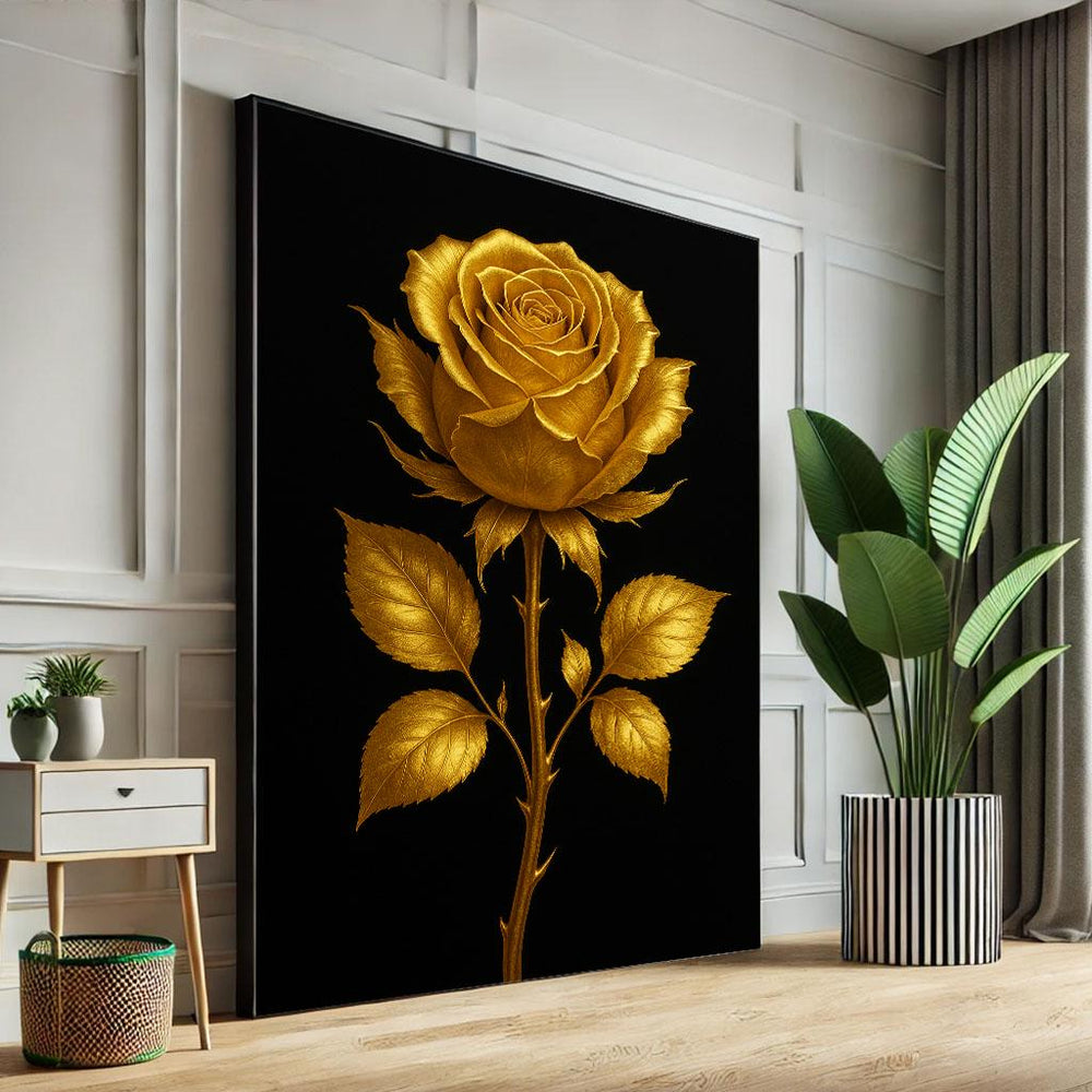 Opulent Golden Rose Floral Canvas Wall Art Print  Elegant Living Room Decor  Statement Piece