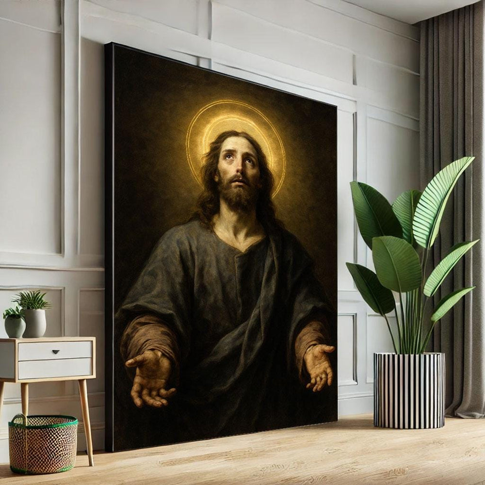 Radiant Jesus with Halo Canvas Wall Art Print  Spiritual Living Room Decor  Statement Piece