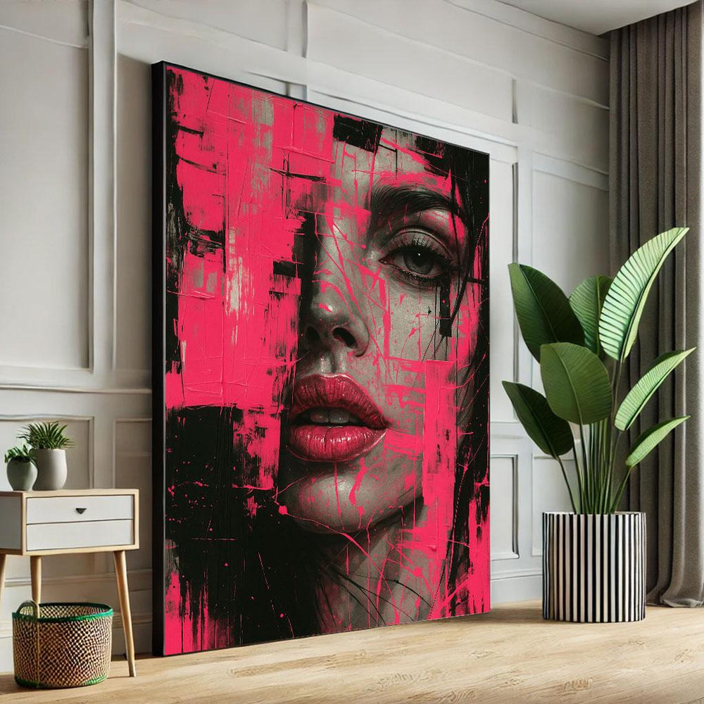 Abstract Portrait Canvas Print, Pink & Black Bold Wall Art