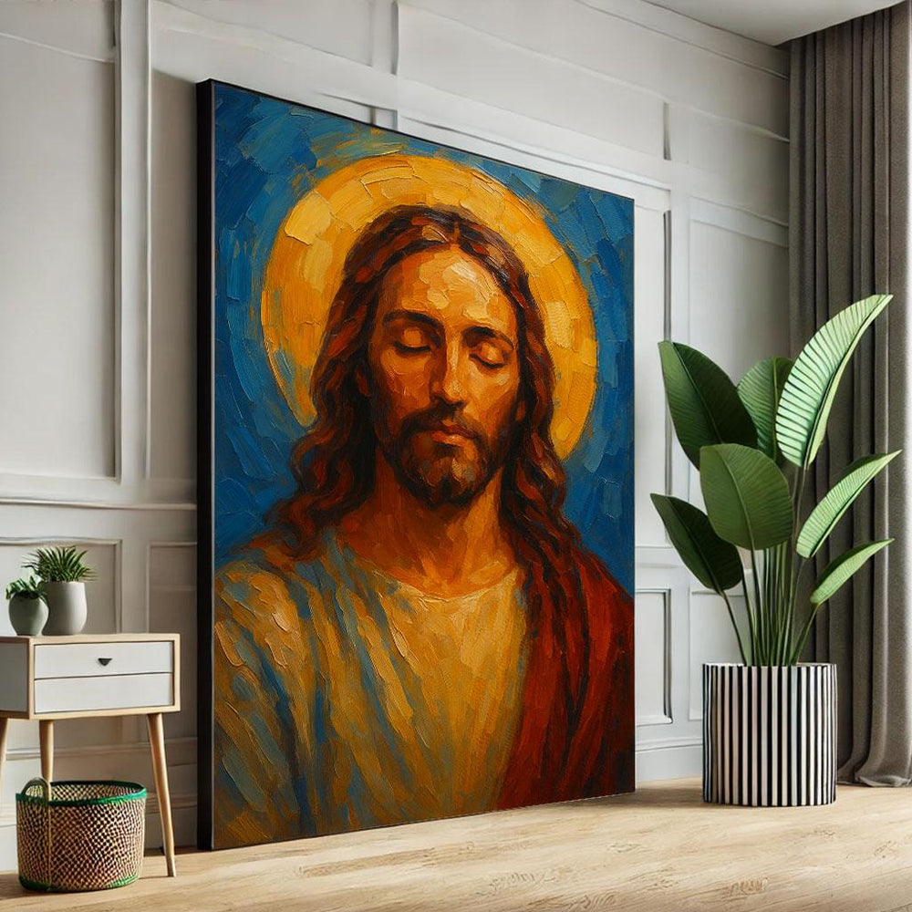 Radiant Jesus with Golden Halo Canvas Art, Spiritual Decor