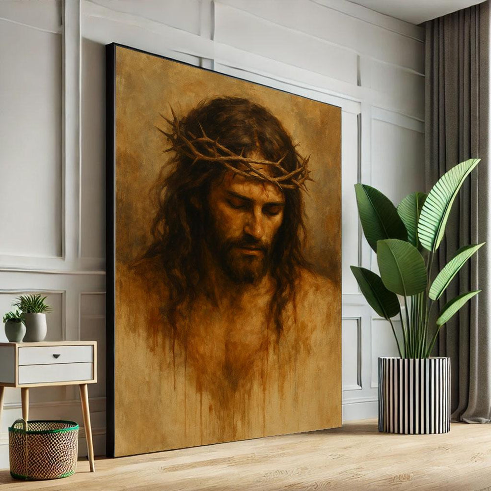 Jesus with Crown of Thorns Canvas Print, Rustic Christian Art