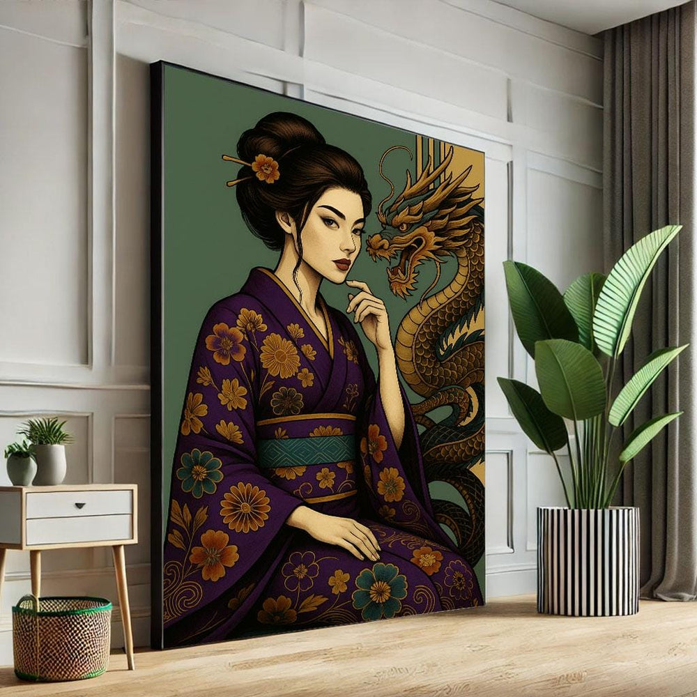 Japanese Geisha Dragon Canvas Art Print, Oriental Decor