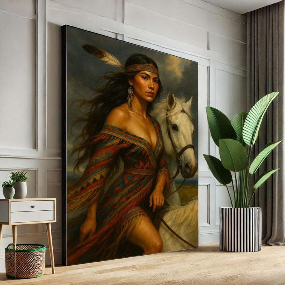 Native American Woman and Horse Canvas Print, Boho Decor