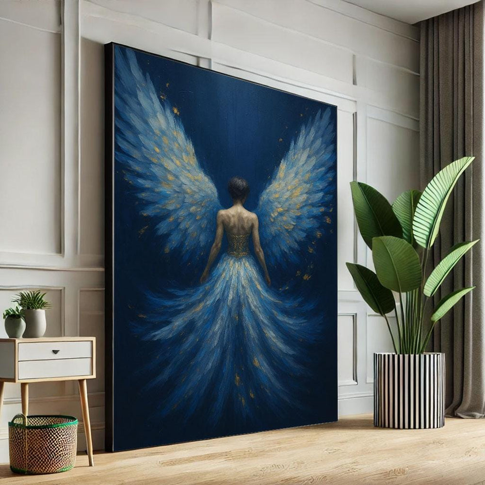 Angelic Figure Canvas Print: Ethereal Blue & Gold, Ready to Hang