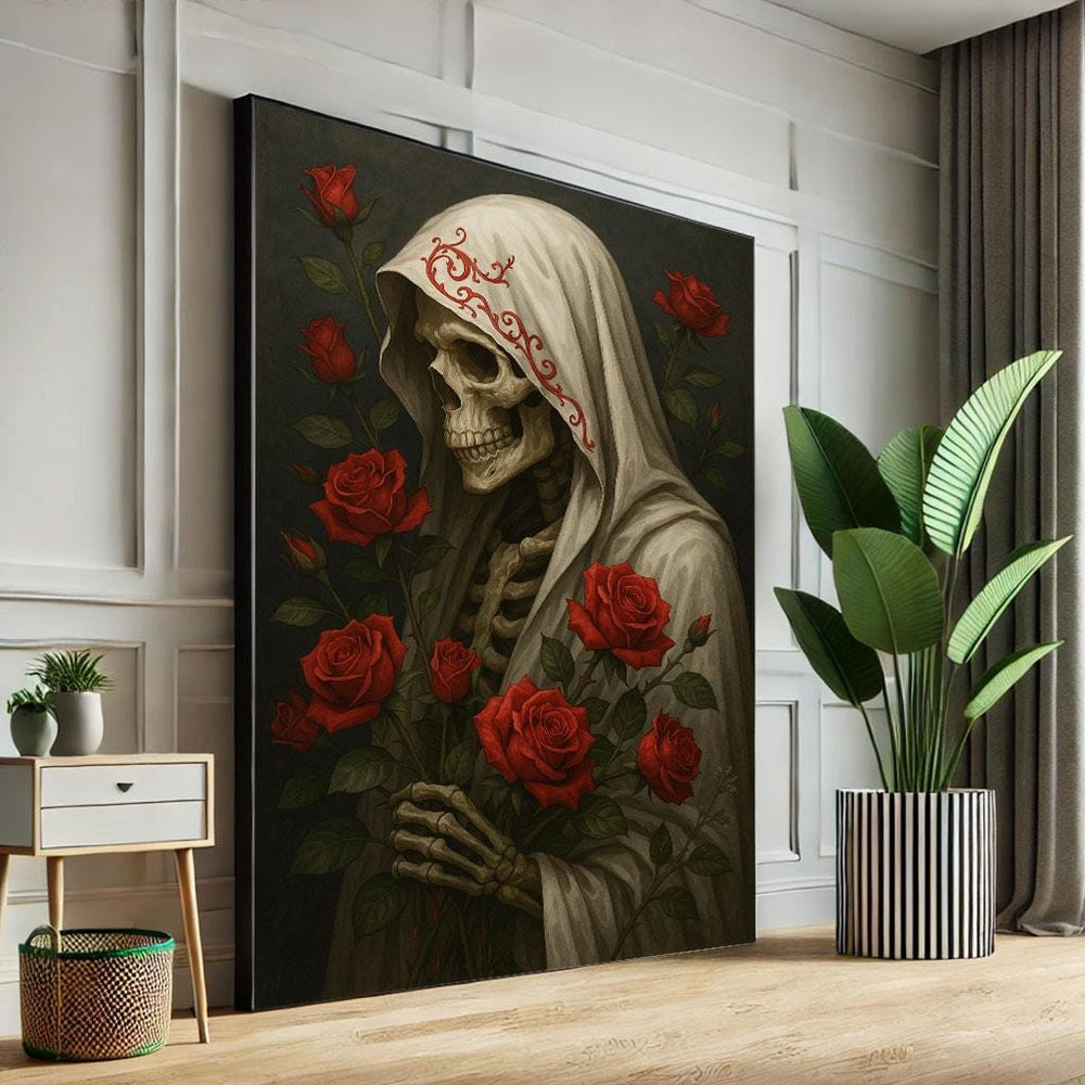 Day of the Dead Skeleton Canvas Art | Dark Red Roses Decor