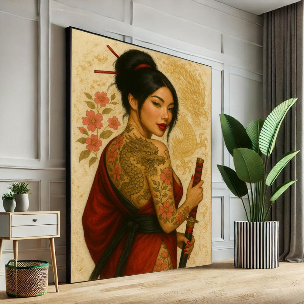 Oriental Geisha Dragon Tattoo Canvas Art Print, Japanese Decor
