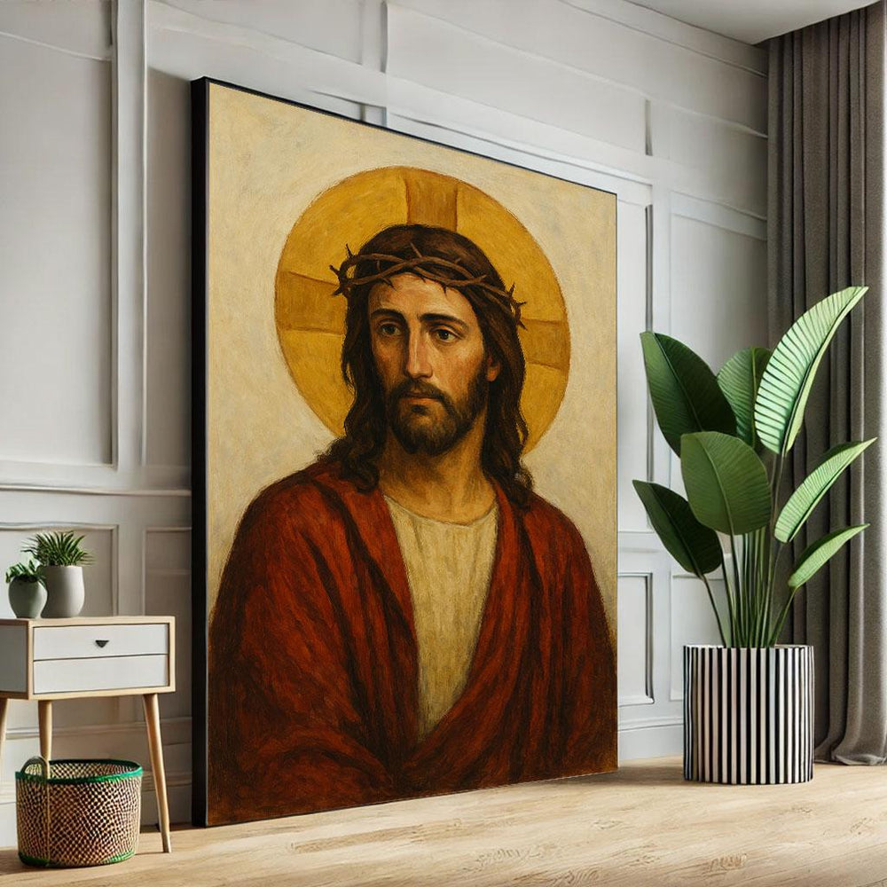 Radiant Jesus with Halo Canvas Wall Art Print  Spiritual Living Room Decor  Statement Piece