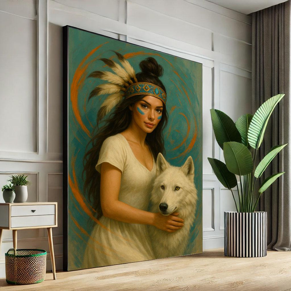 Native American Woman with Wolf Canvas Art Print, Boho Decor