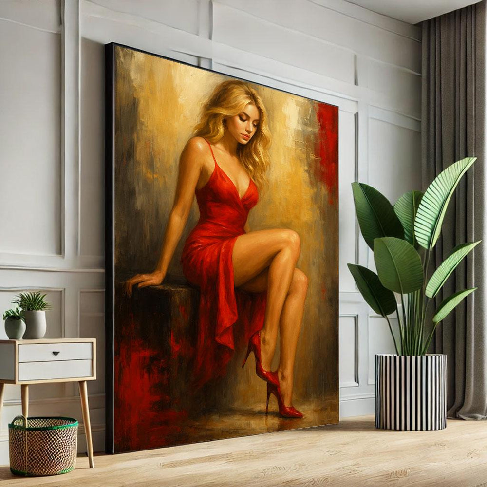 Woman in Red Dress Canvas Print, Modern Bedroom Wall Art