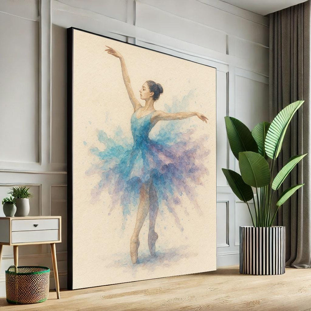 Graceful Ballerina Watercolor Canvas Print: Blue & Purple Wall Art