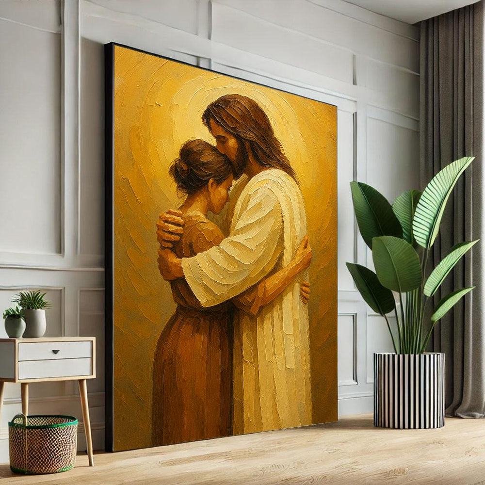 Radiant Jesus Embracing Woman Canvas Wall Art Print  Warm Living Room Decor  Statement Piece