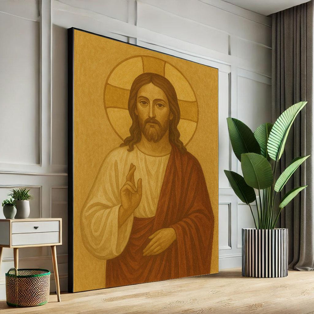 Radiant Jesus with Halo Canvas Wall Art Print  Sacred Living Room Decor  Statement Piece