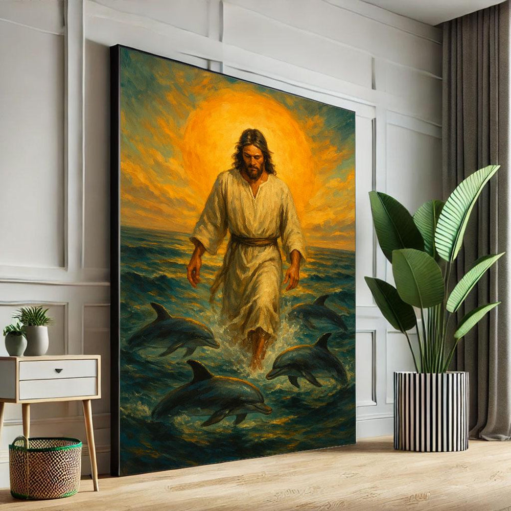 Jesus Walking with Dolphins Canvas Art, Spiritual Decor