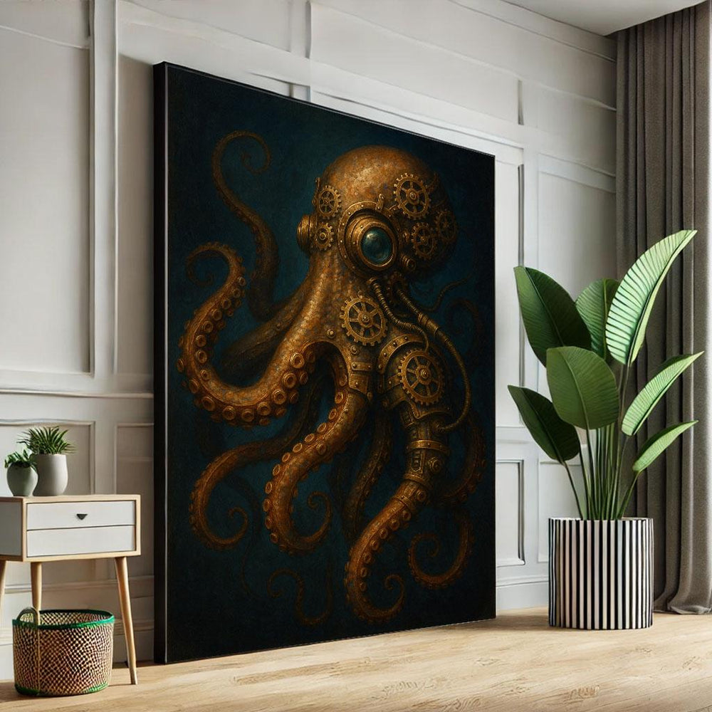 Steampunk Octopus Canvas Art Print, Bronze Living Room Decor