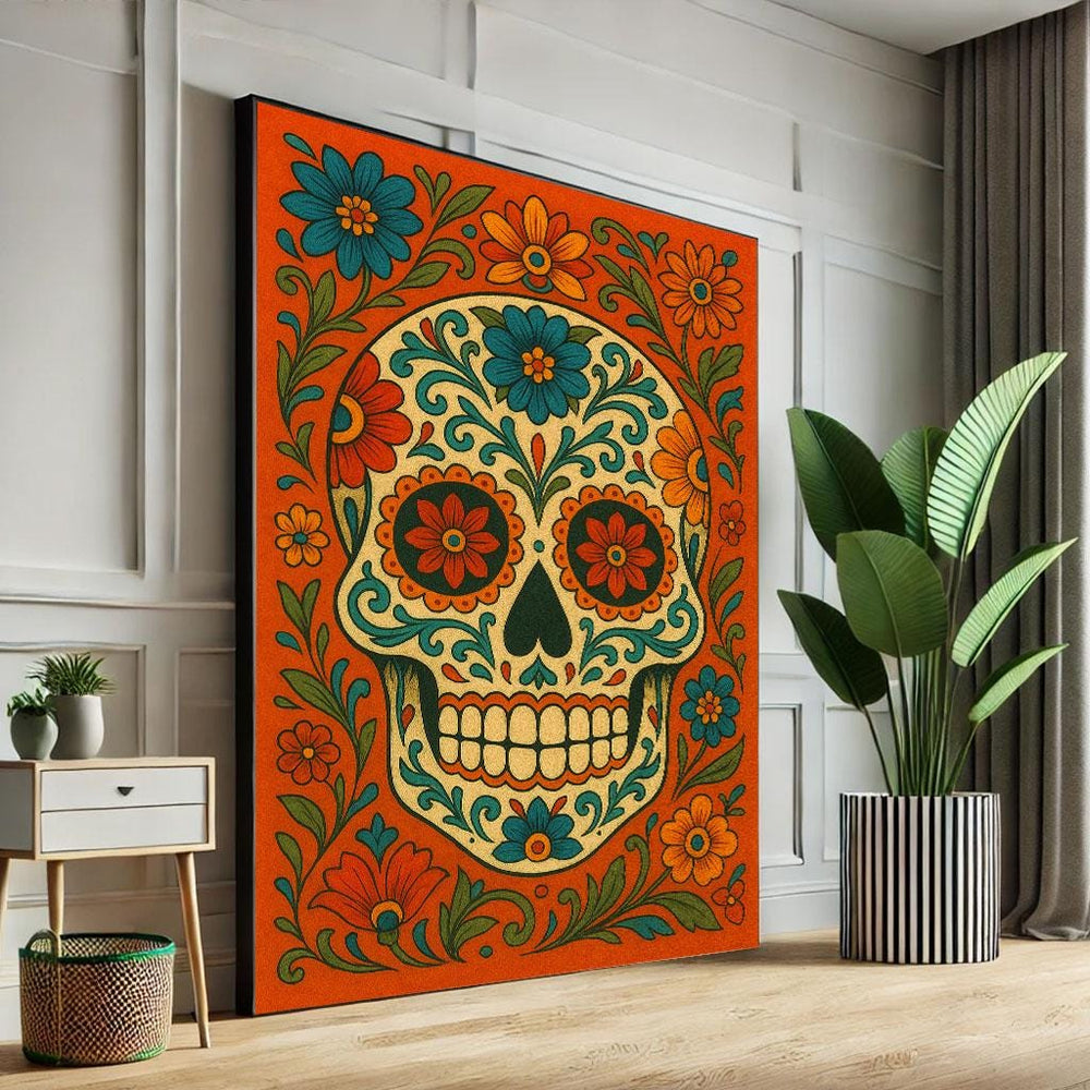 Day of the Dead Skull Canvas Print: Colorful Boho Wall Art