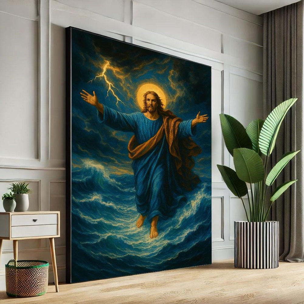Radiant Jesus on Water Canvas Wall Art Print  Spiritual Living Room Decor  Statement Piece