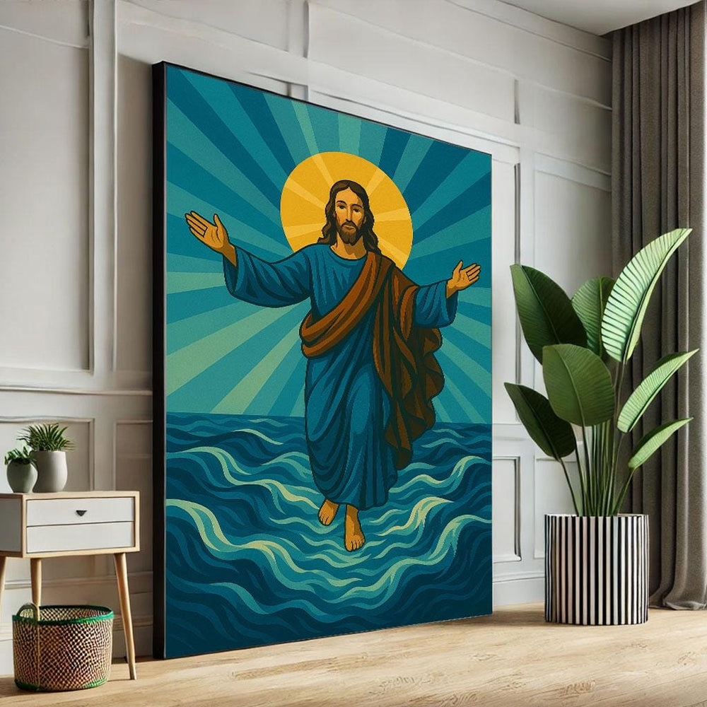 Radiant Jesus Walking on Water Canvas Wall Art Print  Spiritual Living Room Decor  Statement Piece