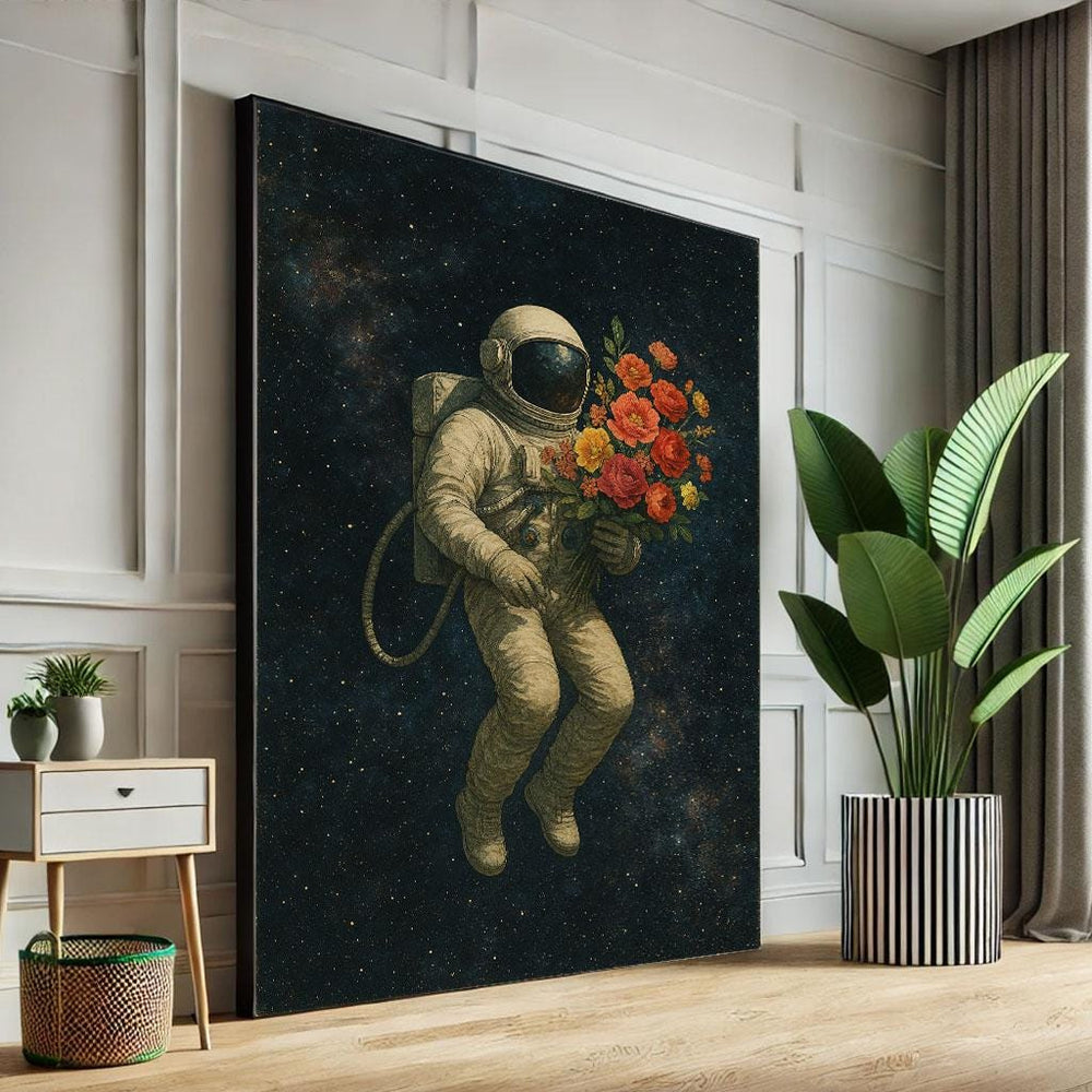 Astronaut with Flowers Surreal Canvas Wall Art Print  Modern Living Room Decor  Statement Piece