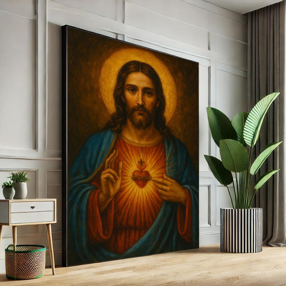 Radiant Jesus Sacred Heart Canvas Wall Art Print  Spiritual Living Room Decor  Statement Piece
