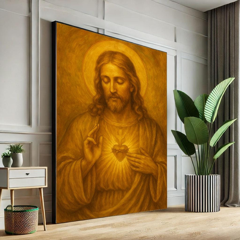 Radiant Jesus Sacred Heart Canvas Wall Art Print  Spiritual Living Room Decor  Statement Piece