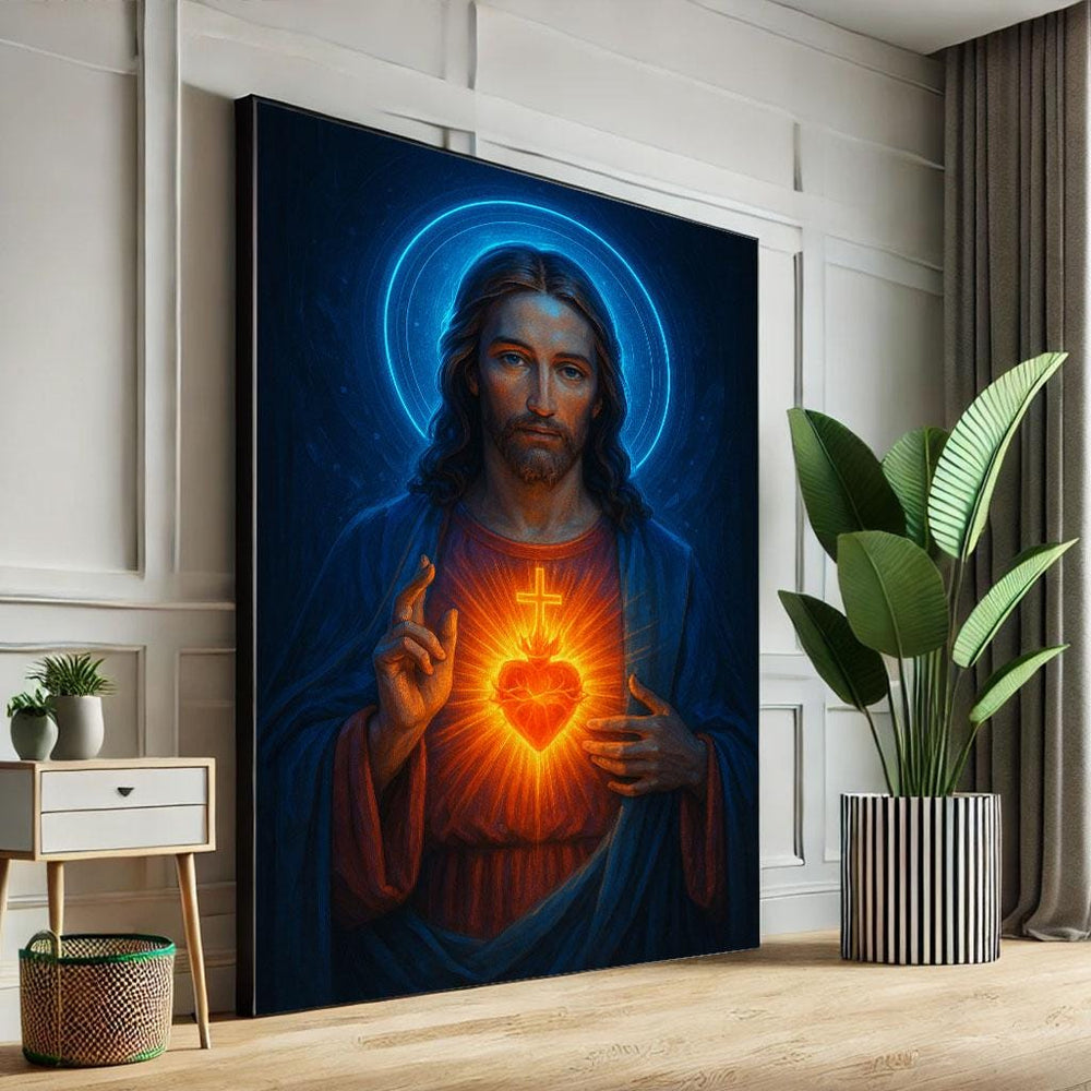 Radiant Jesus, Glowing Heart Canvas Art, Spiritual Decor