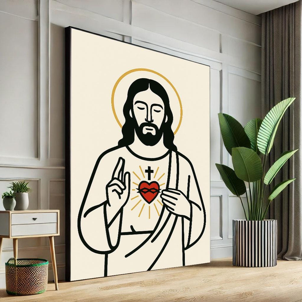 Radiant Jesus Sacred Heart Canvas Wall Art Print  Minimalist Living Room Decor  Statement Piece