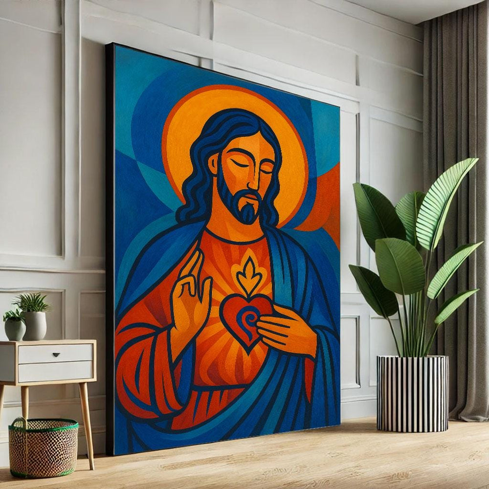 Radiant Jesus Sacred Heart Canvas Wall Art Print  Colorful Living Room Decor  Statement Piece