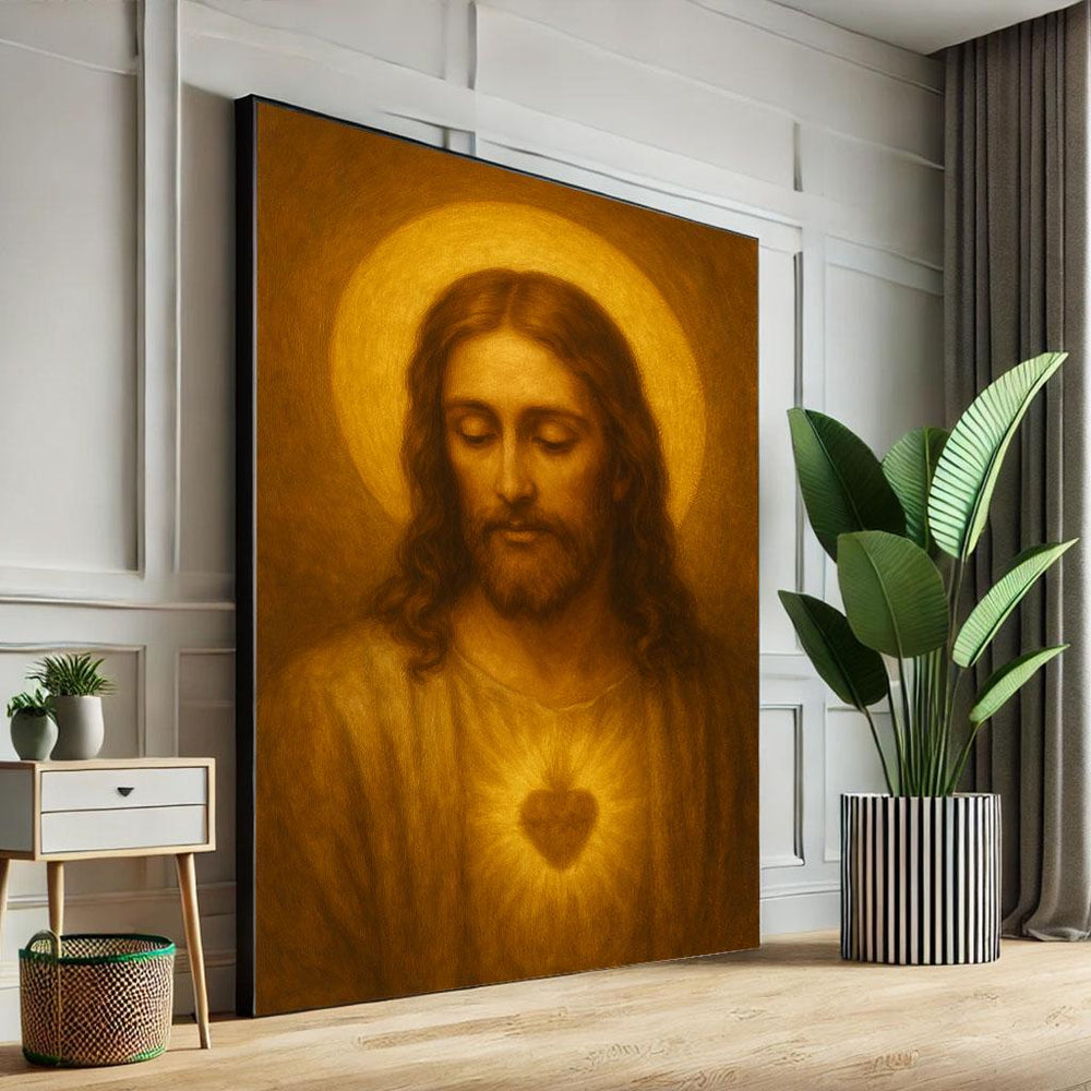 Radiant Jesus Sacred Heart Canvas Wall Art Print  Golden Living Room Decor  Statement Piece