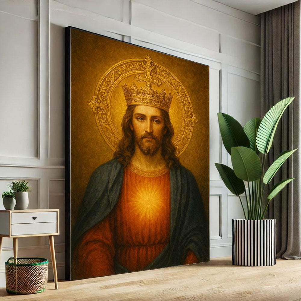 Radiant Jesus Portrait Canvas Art Print, Golden Crown Decor