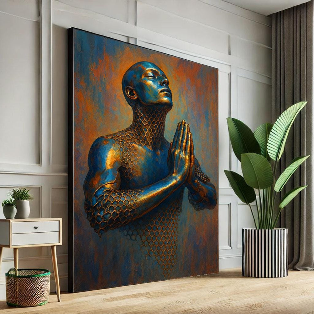 Blue and Gold Praying Figure Canvas Art Print