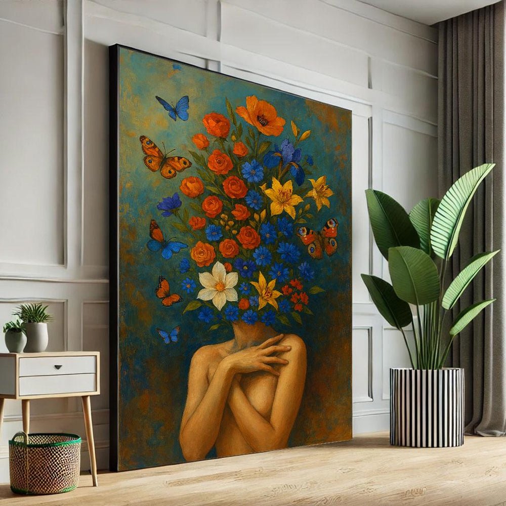 Surreal Woman Floral Canvas Print, Modern Art Decor